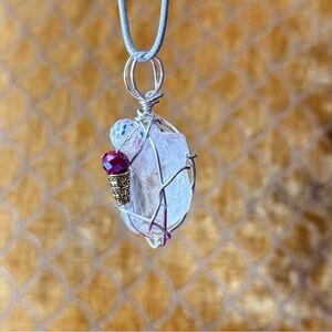 Clear Crystal Quartz Artisan Silver Wire-Wrapped Necklace with beaded accent